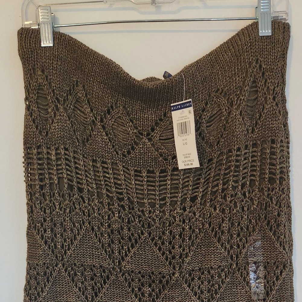Polo Ralph Lauren deep olive knit linen knee-length fringed skirt, size Large